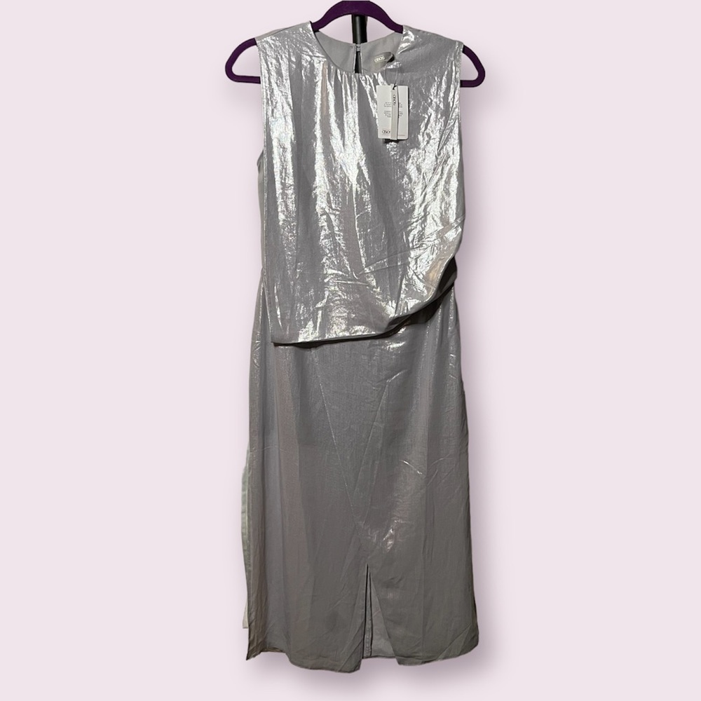ASOS Metallic Silver Draped Midi Dress 4 - Picture 1 of 9